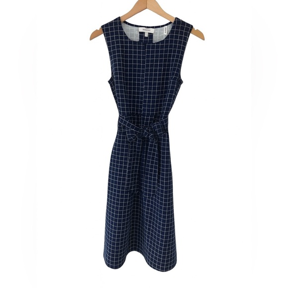 Lark & Ro Navy Blue White Checkered A-Line Pocket Dress 2 Sleeveless Belted - Picture 3 of 6